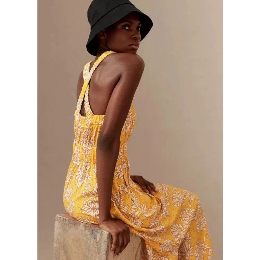 ME+EM Cotton Dahlia Print Gathered Maxi Sundress Yellow Multi Women's Size U 8 - Picture 2 of 10